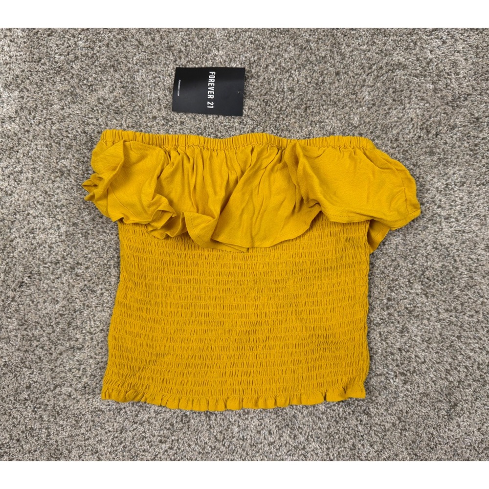 Forever 21 Mustard Yellow Smocked Off The Shoulder Ruffle Tube Top Womens Medium
